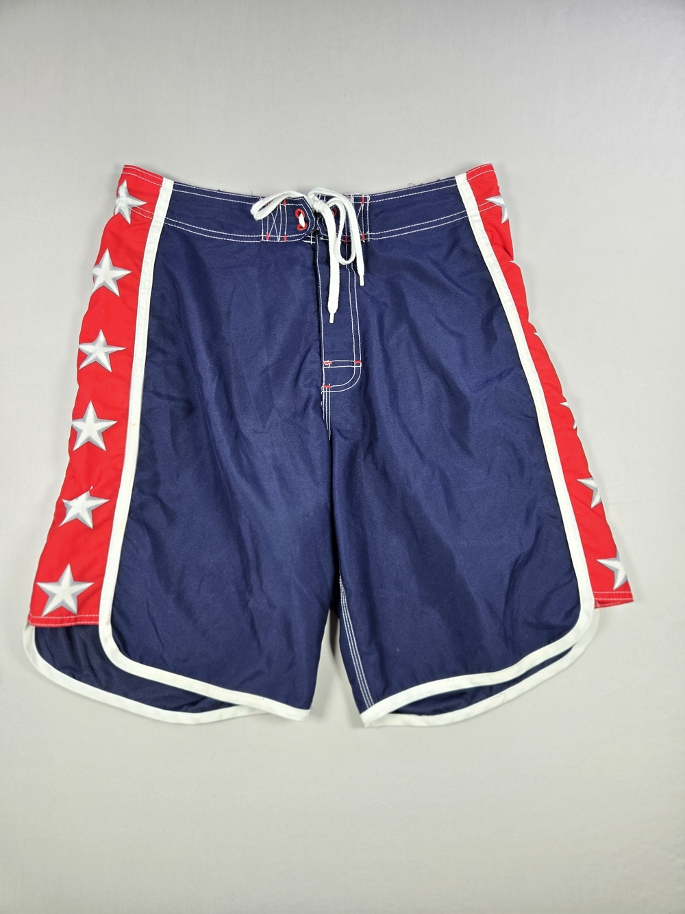 Vintage 90s Giant Patriotic Star Board Shorts Swim Trunks USA Red White Blue W32